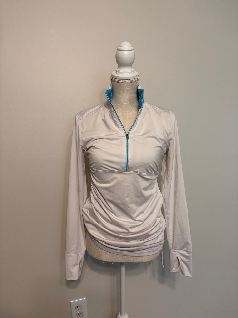 Athleta White Long-Sleeve Quarter-Zip Top with Blue Trim